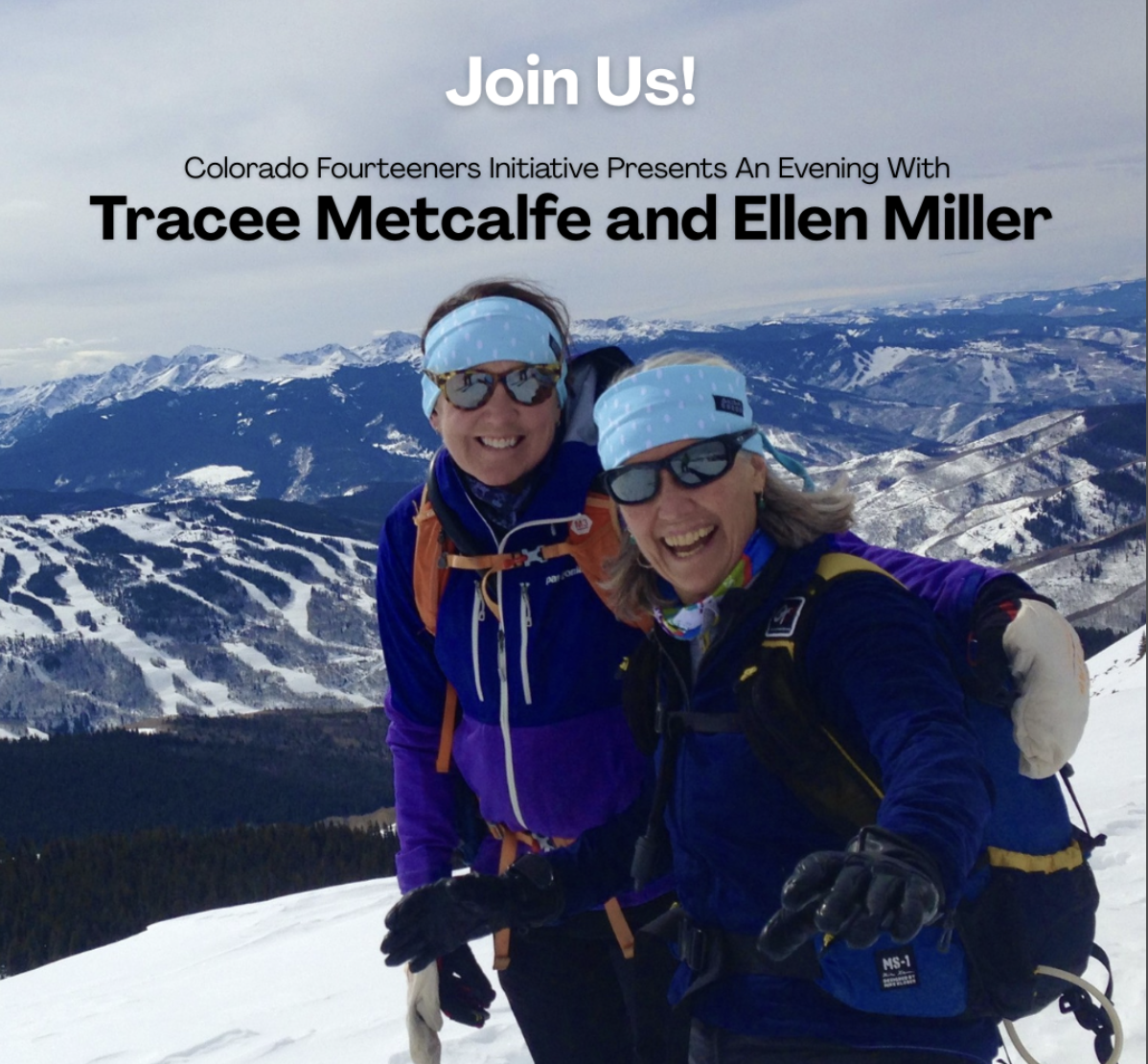 Tracee Metcalfe and Ellen Miller on a snowy summit